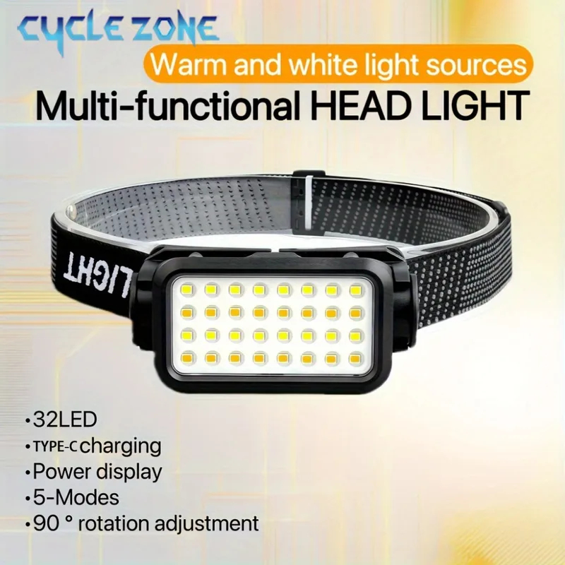 Outdoor Adventure At - 充電式ヘッドランプ 32 LED 5 モード調整可能なヘッドライト付き 夜間のアウトドアアドベンチャー、釣り、ウォーキング、ハイキングに最適