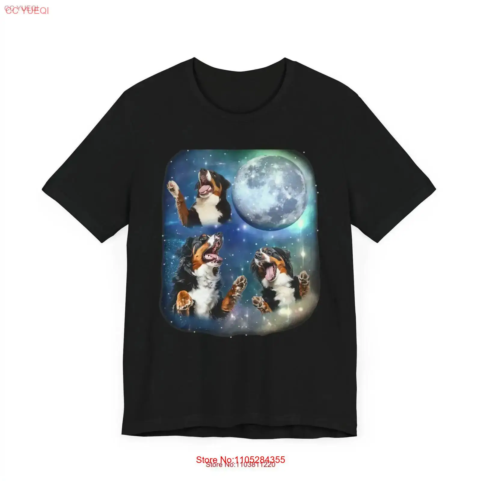 Outdoor Adventure At - バーニーズ・マウンテン・ドッグが月を見つめ叫ぶTシャツ ヴィンテージ90年代風恋人向けレトロペットアウトドアアドベンチャーアパレル ヴィンテージウォッシュ加工